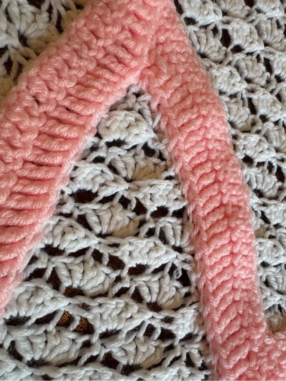 Vintage Handmade Crochet M Monogram Baby Blanket White Pink Nursery Shower Crib